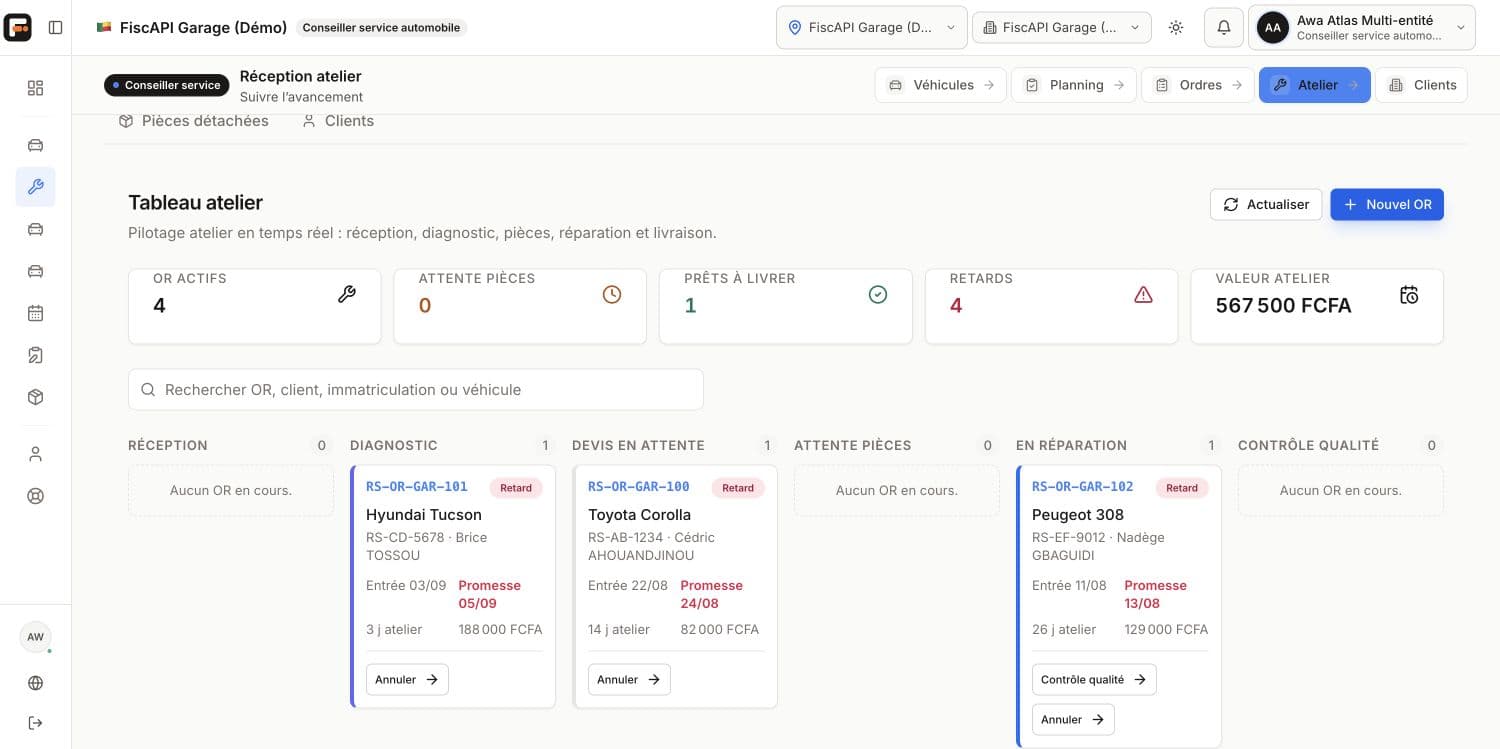 Suivi des interventions du profil atelier FiscAPI ERP