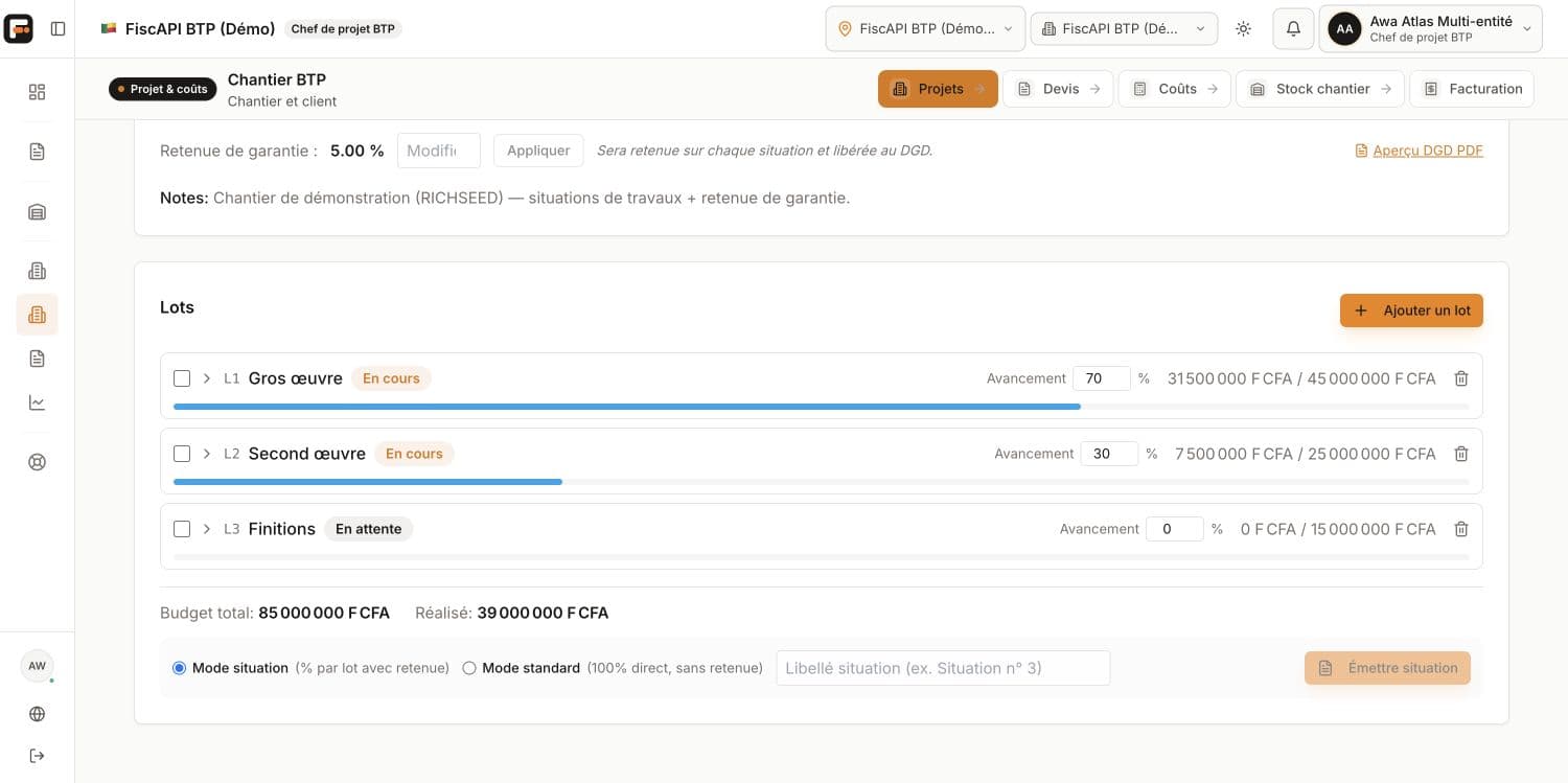 Lots du profil chef de projet BTP FiscAPI ERP