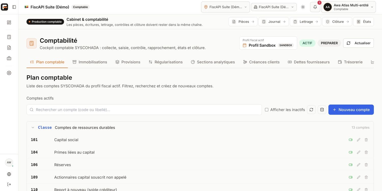 Plan comptable du profil comptable FiscAPI ERP